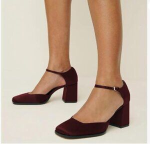 miss left Dark Red Satin Square Toe Adjustable Ankle Buckle D'Orsay Pumps